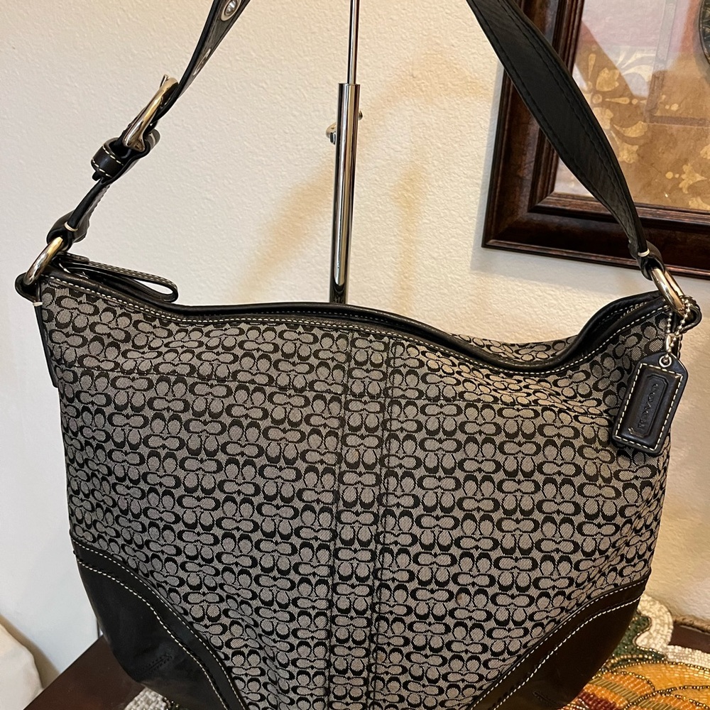 Coach Signature Jacquard Hobo Bag. Black with black leather trim snd strap. NWOT